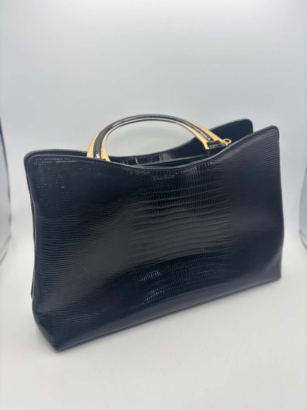 Vintage H.B. Black Patent Faux Reptile Handbag with Gold Metal Handle - 80s